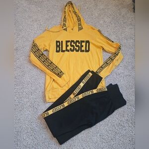 Yellow and Black 'Blessed' Hoodie and Joggers Set Size Large